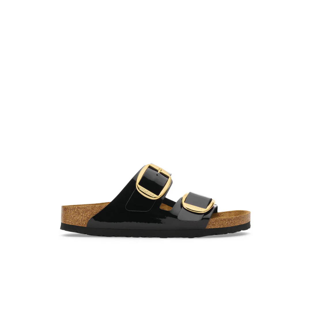 Birkenstock Arizona Big Buckle Birko-Flor Black Patent/Gold Buckle Sandals