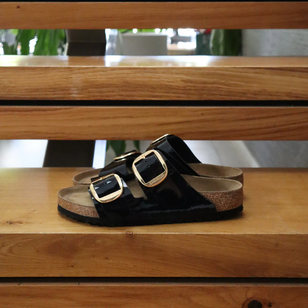 Birkenstock Arizona Big Buckle Birko-Flor Black Patent/Gold Buckle Sandals - Image 3