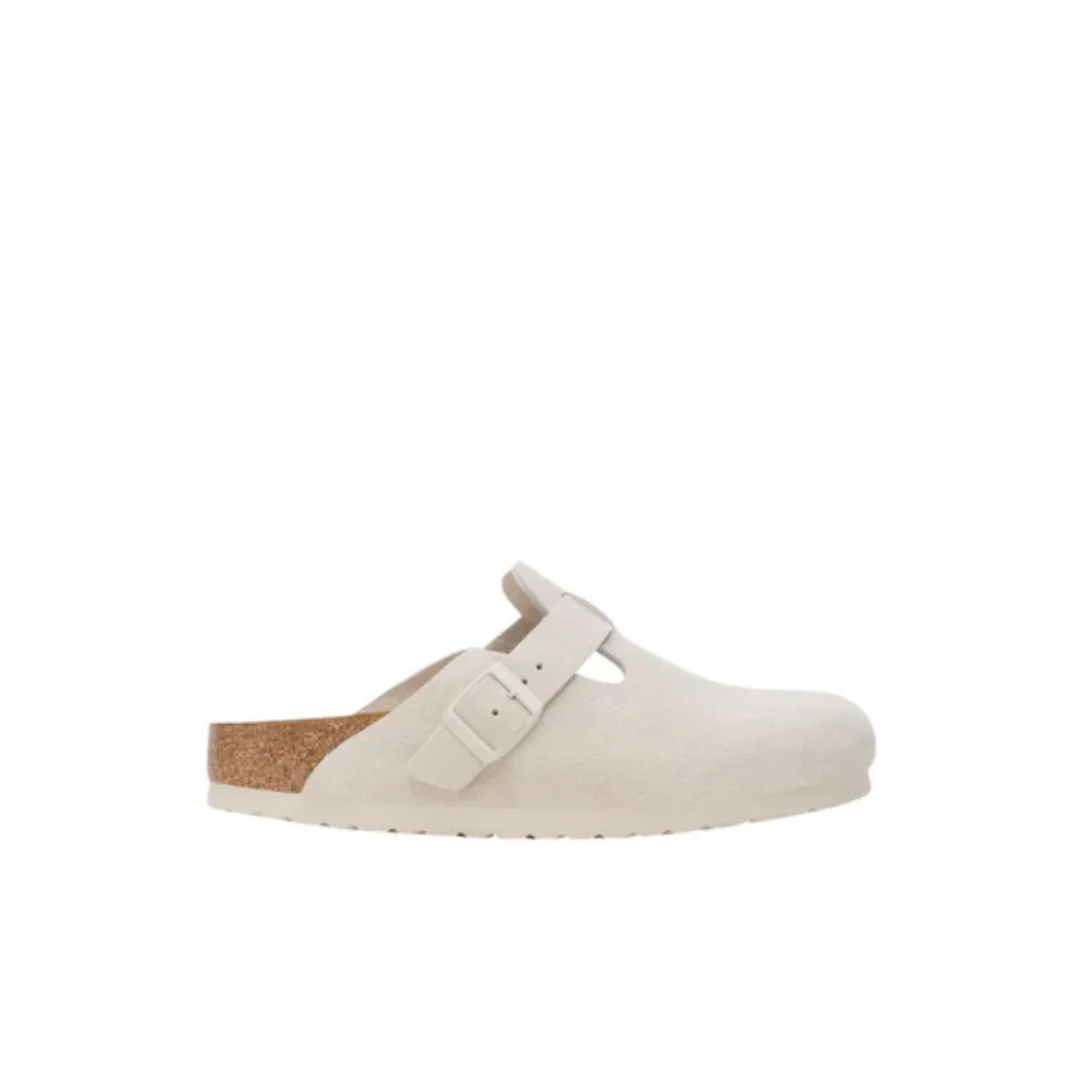 Birkenstock Boston Suede Leather Antique White Soft Footbed Clogs