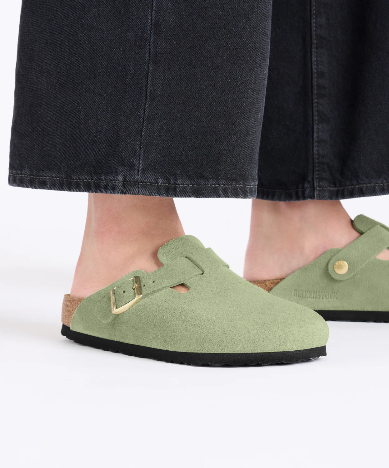 Birkenstock Boston Suede Leather Green Tea Soft Footbed Clogs - Image 3