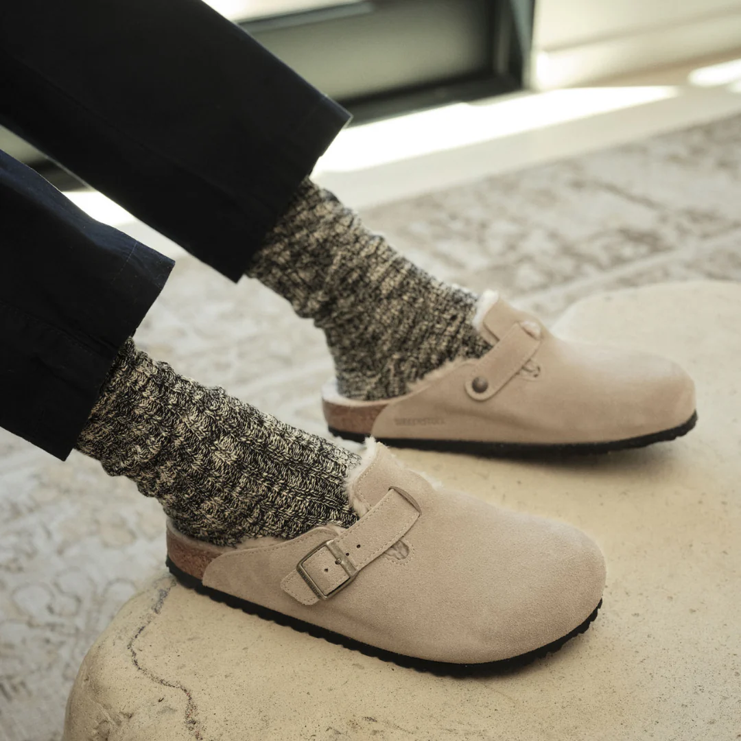 Birkenstock Boston Suede Leather Shearling Taupe Clogs - Image 2