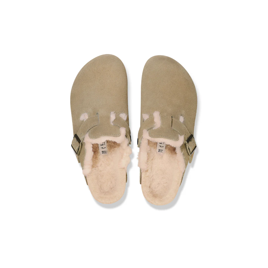 Birkenstock Boston Suede Leather Shearling Taupe Clogs - Image 4
