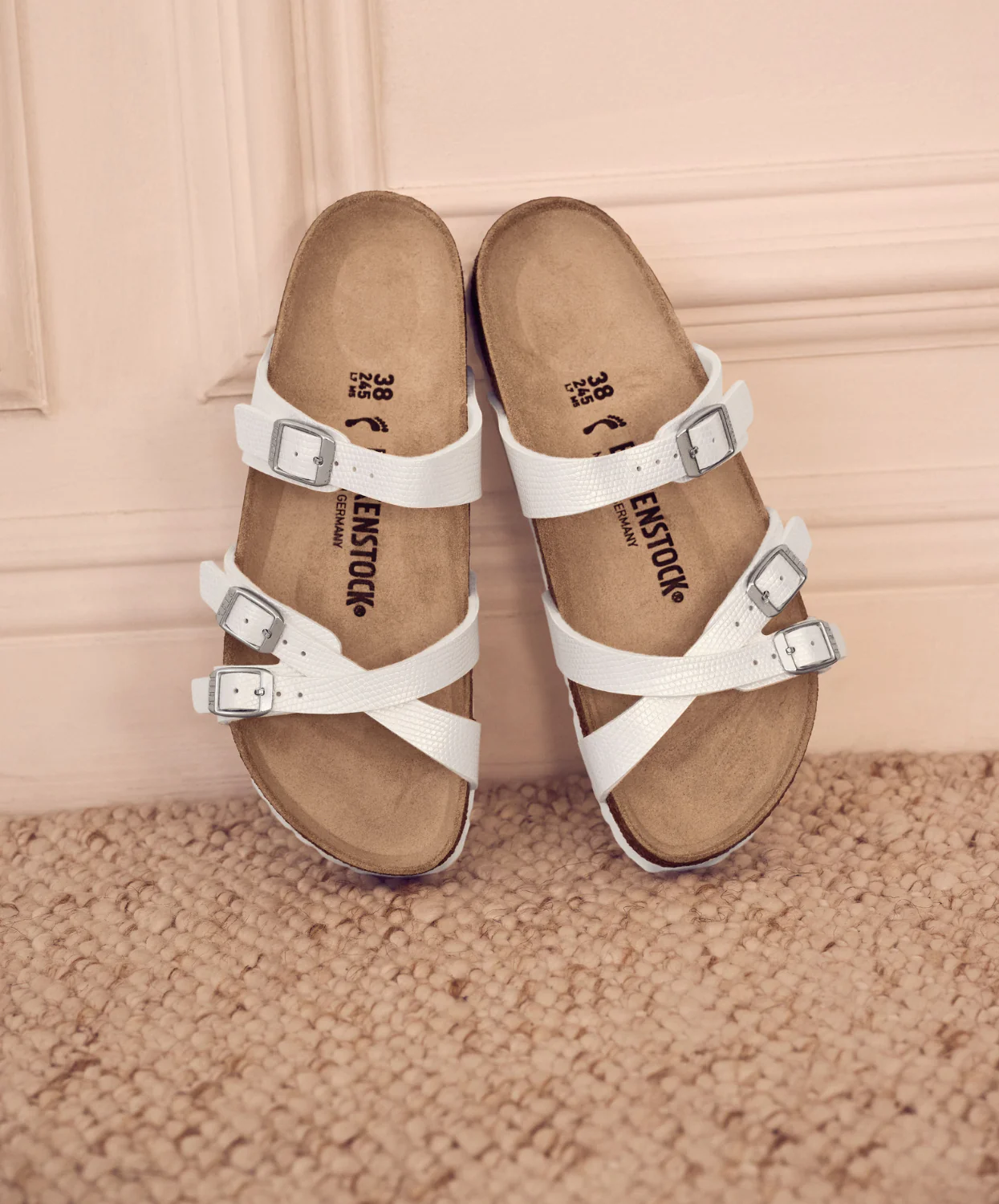 Birkenstock Franca Shiny Embossed Birko-Flor White Sandals - Image 3