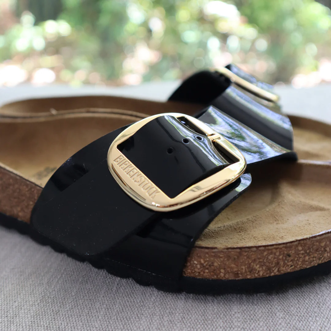 Birkenstock Madrid Big Buckle Birko-Flor Black Patent/Gold Buckle Sandals - Image 3