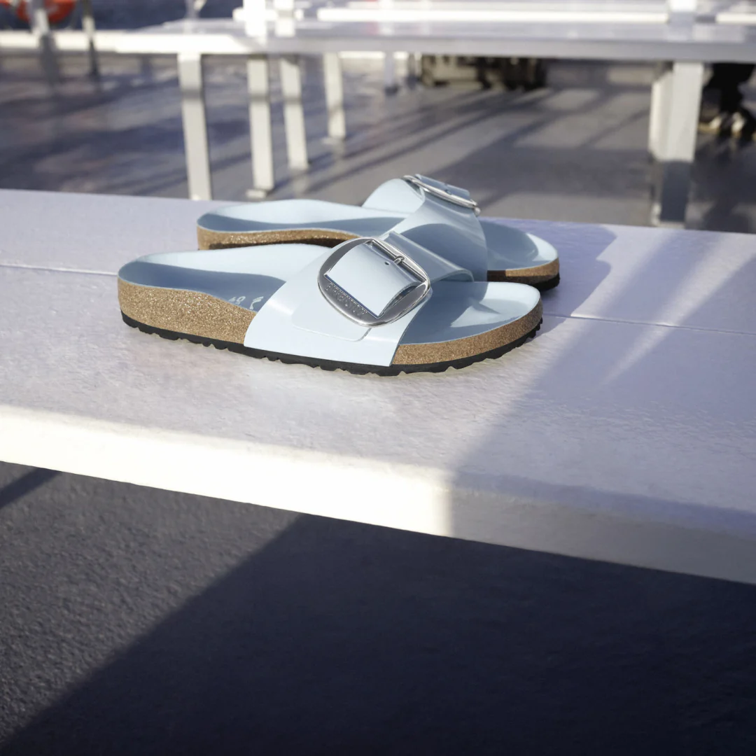 Birkenstock Madrid Big Buckle High Shine Natural/Patent Leather Baby Blue Sandals - Image 3