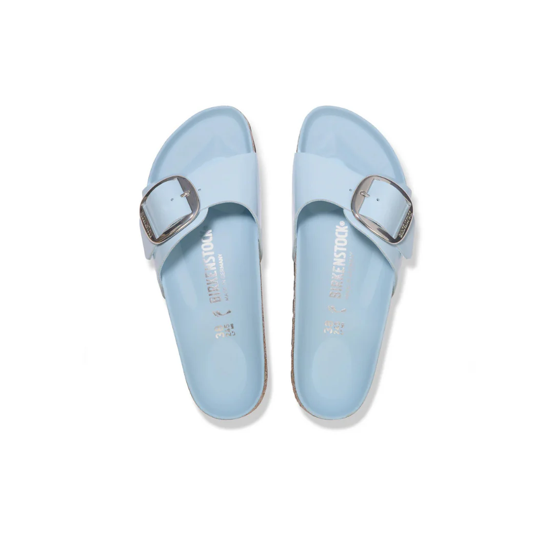 Birkenstock Madrid Big Buckle High Shine Natural/Patent Leather Baby Blue Sandals - Image 5