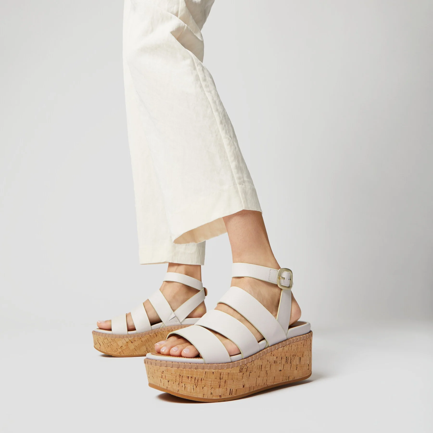 Fitflop Eloise Leather Cork Strappy Wedge Sandals Urban White - Image 2