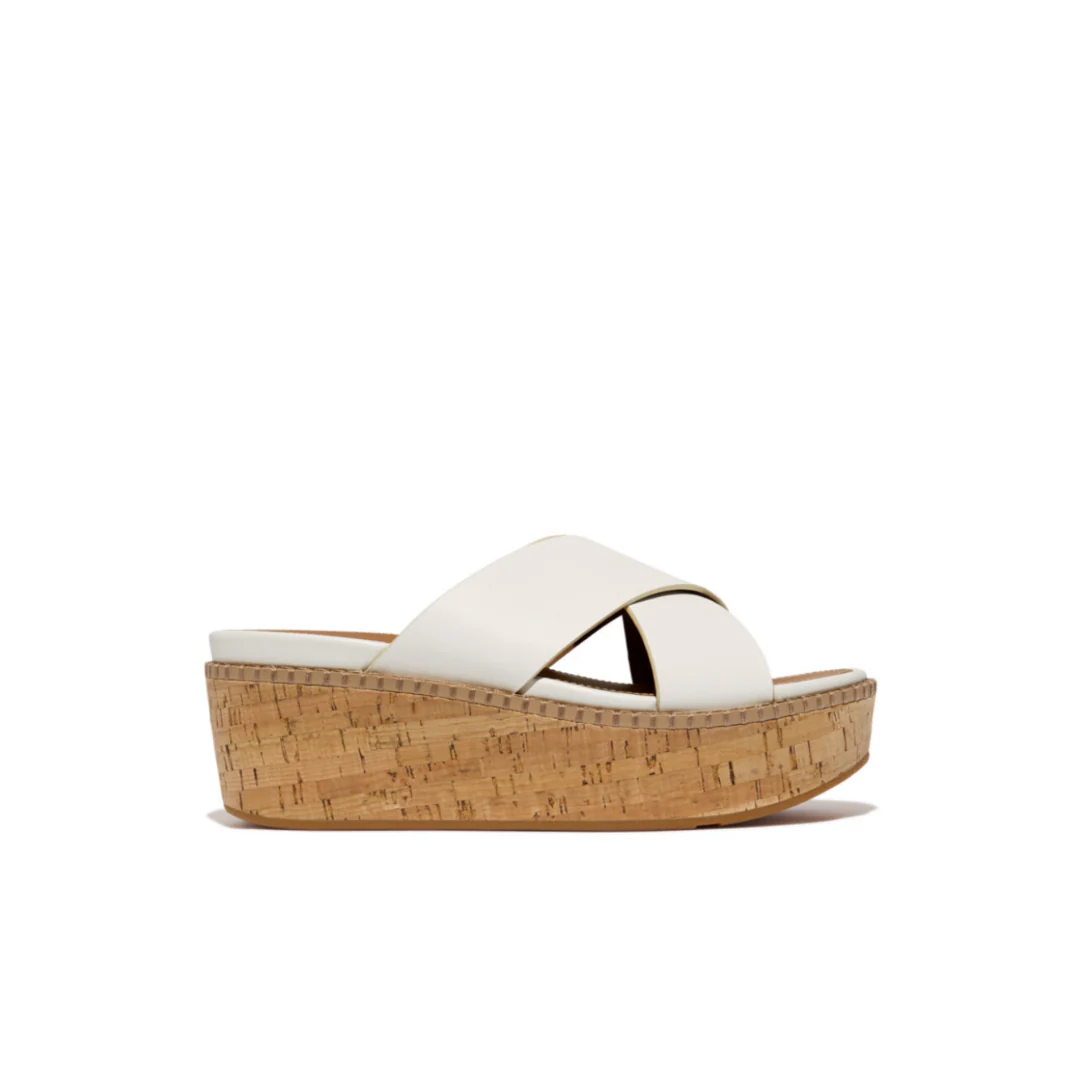 Fitflop Eloise Leather Cork Wedge Cross Slides Urban White