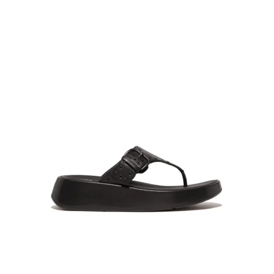 Fitflop F-Mode Buckle Stud Leather Flatform Toe Post Black