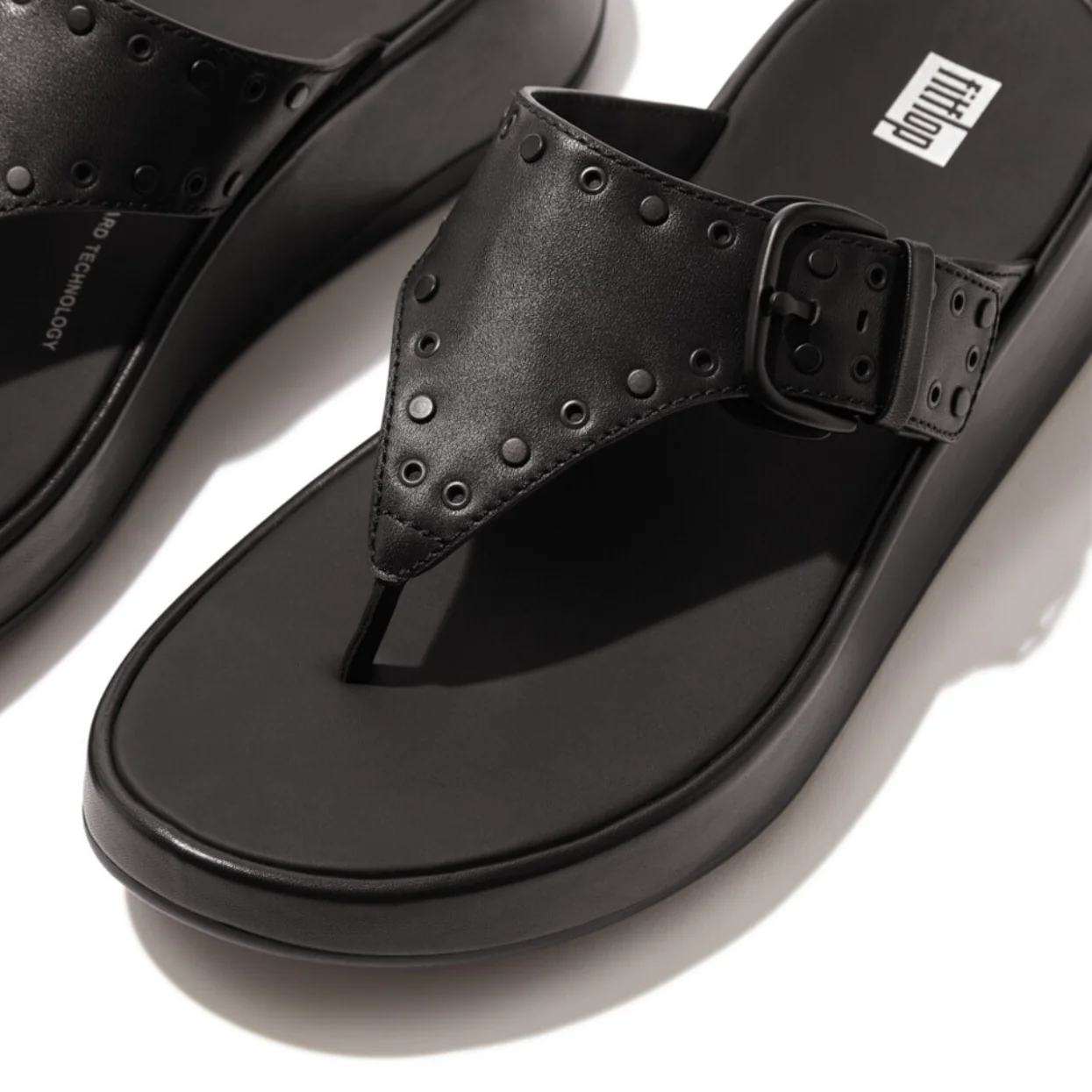 Fitflop F-Mode Buckle Stud Leather Flatform Toe Post Black - Image 3