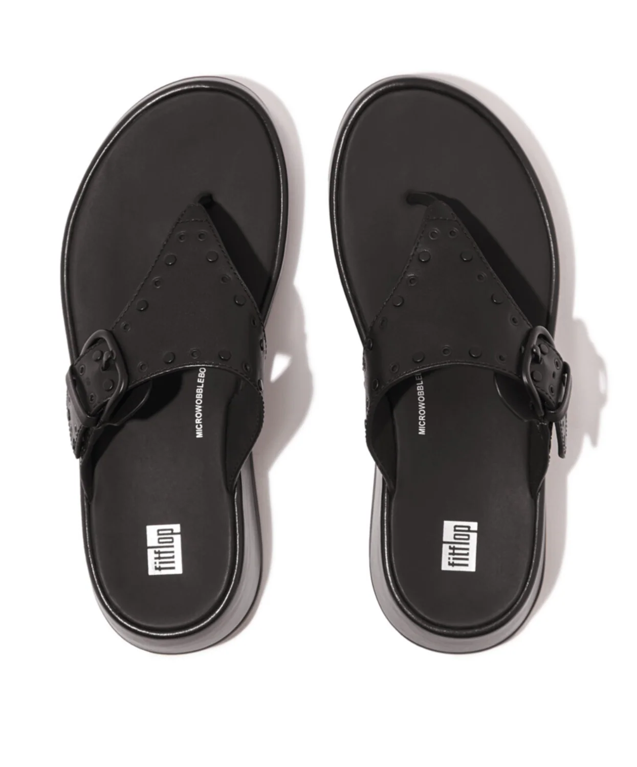 Fitflop F-Mode Buckle Stud Leather Flatform Toe Post Black - Image 5