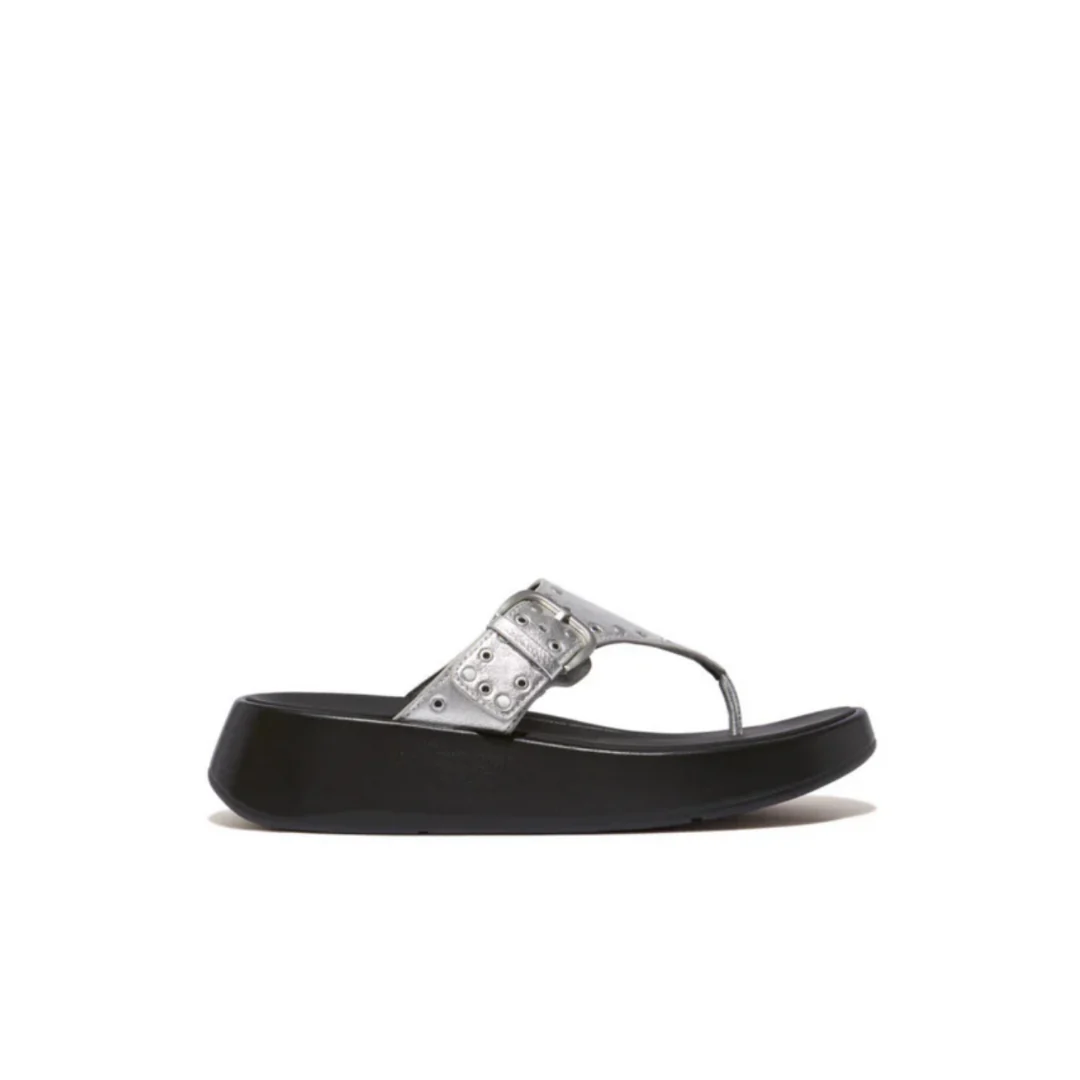 Fitflop F-Mode Buckle Stud M/Leather Flatform Toe Post Silver