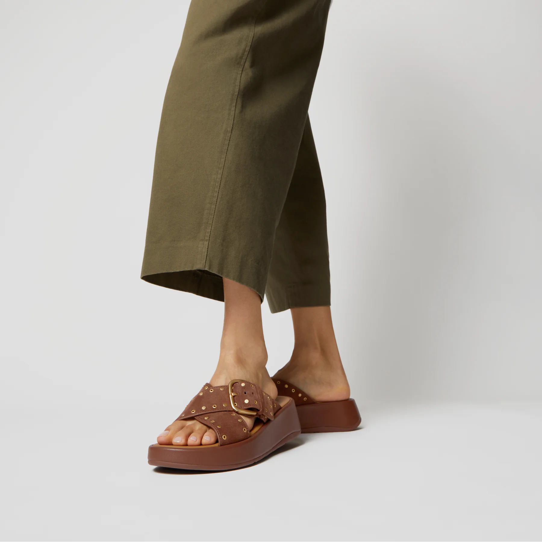 Fitflop F-Mode Buckle Stud Suede Flatform Cross Slide Brown - Image 2
