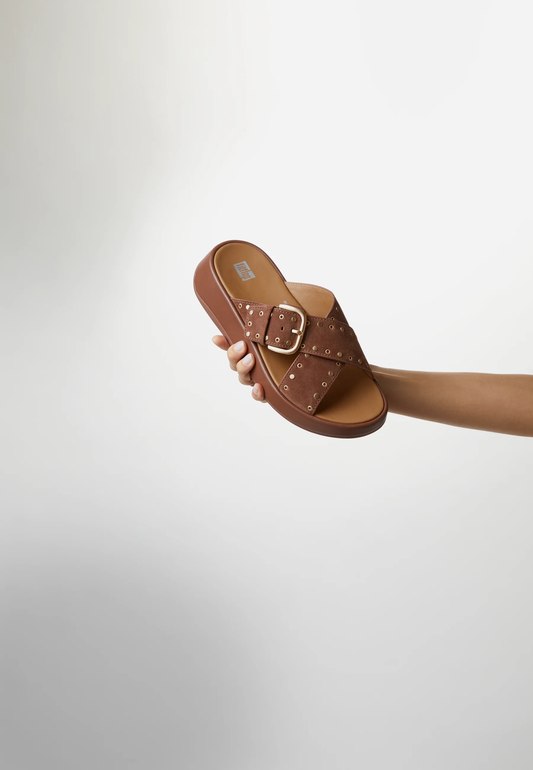 Fitflop F-Mode Buckle Stud Suede Flatform Cross Slide Brown - Image 3