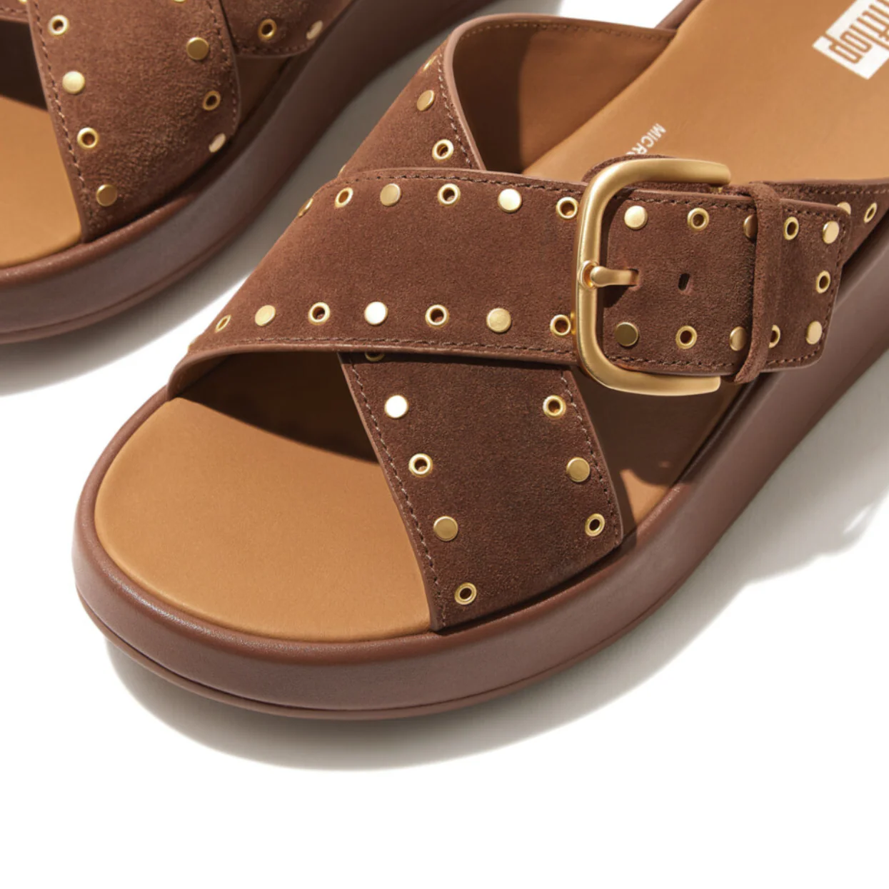 Fitflop F-Mode Buckle Stud Suede Flatform Cross Slide Brown - Image 4