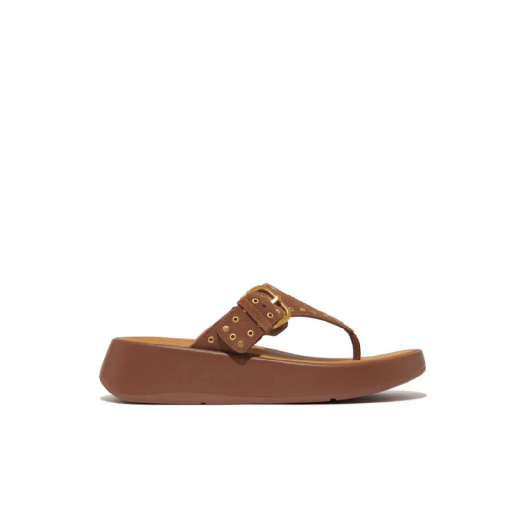 Fitflop F-Mode Buckle Stud Suede/Leather Flatform Toe Post Brown