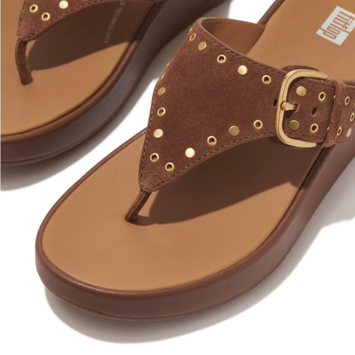 Fitflop F-Mode Buckle Stud Suede/Leather Flatform Toe Post Brown - Image 3