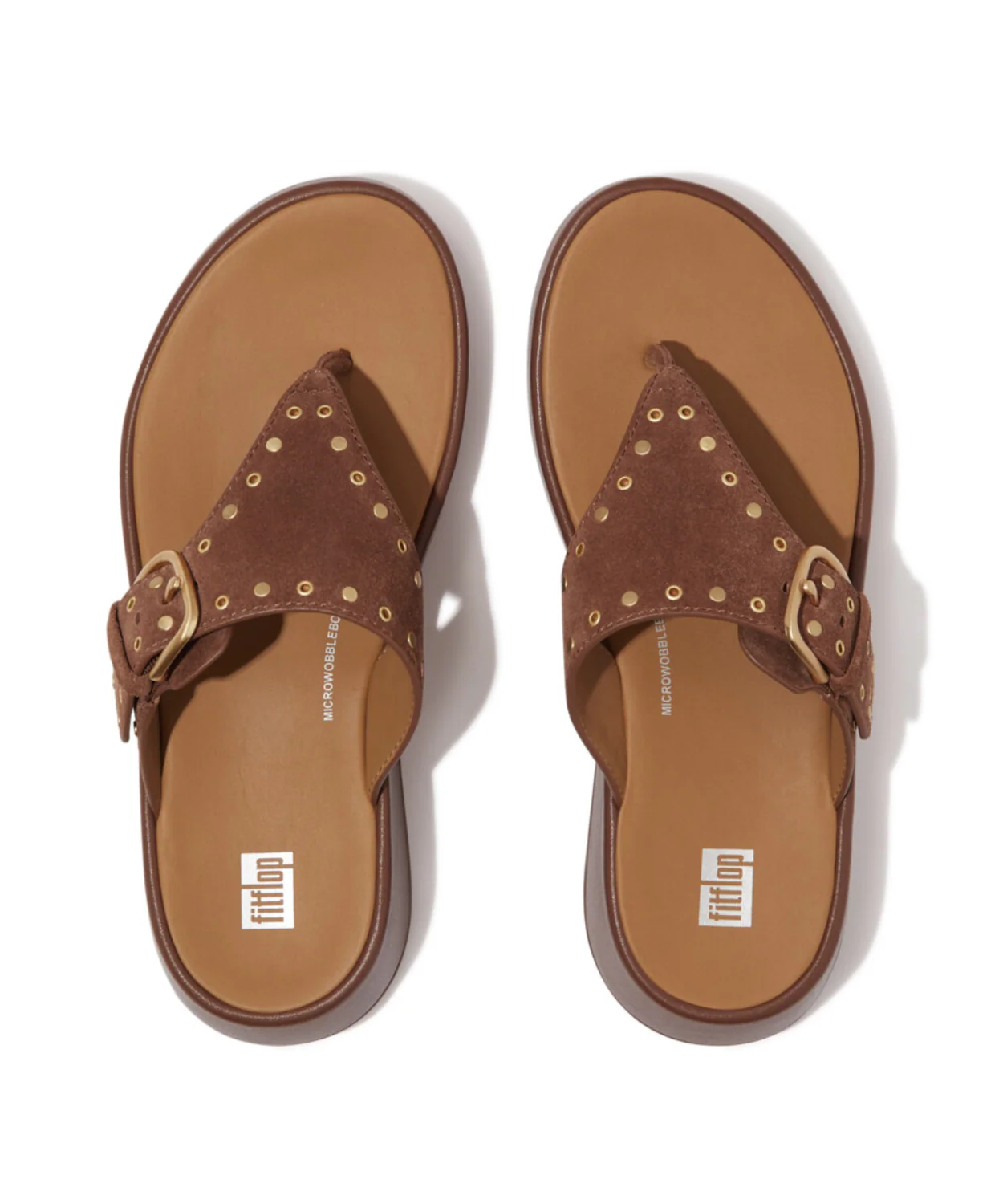 Fitflop F-Mode Buckle Stud Suede/Leather Flatform Toe Post Brown - Image 4