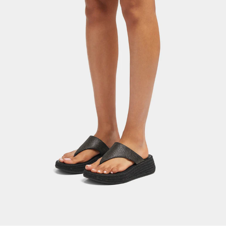 Fitflop F-Mode Espadrille Glitz-Canvas Flatform Toe-Thongs Black - Image 3