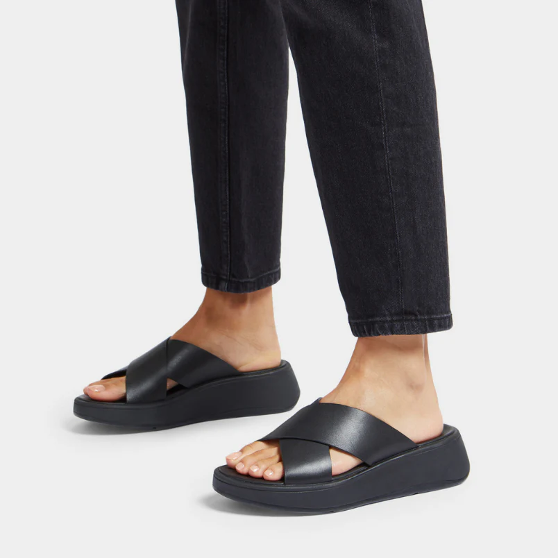 FitFlop F-Mode Leather Flatform Cross Slides Black - Image 2
