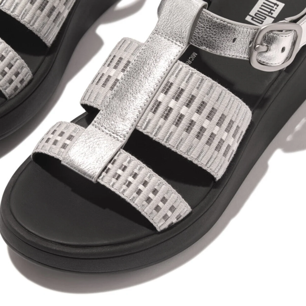 Fitflop F-Mode Leather/Webbing Flatform Fisherman Sandals Silver - Image 3