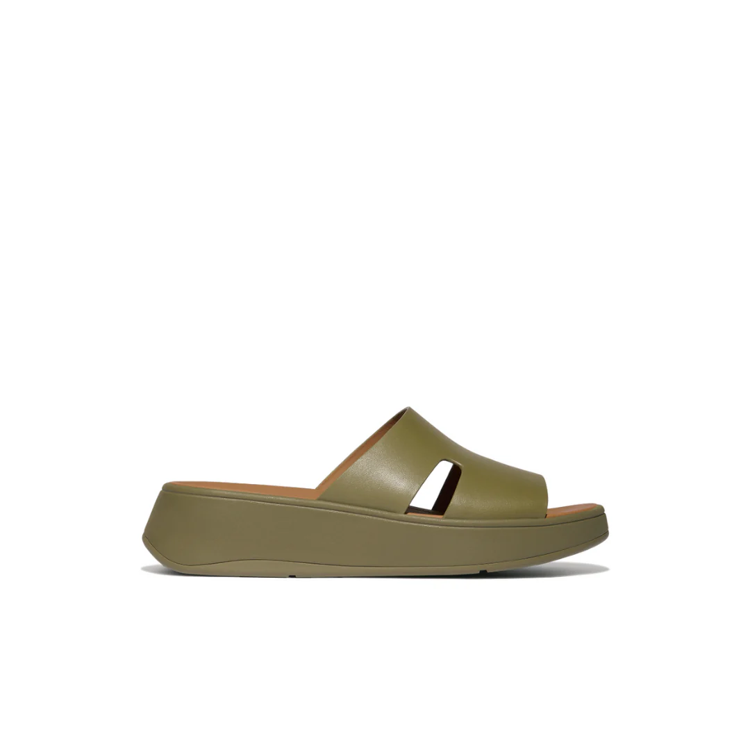 FitFlop F-Mode Raw Edge Leather Flatform H-Bar Slides Camo Green