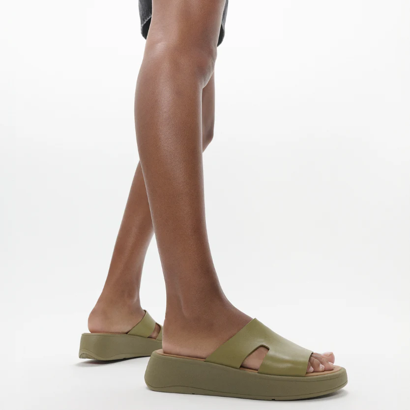 FitFlop F-Mode Raw Edge Leather Flatform H-Bar Slides Camo Green - Image 2