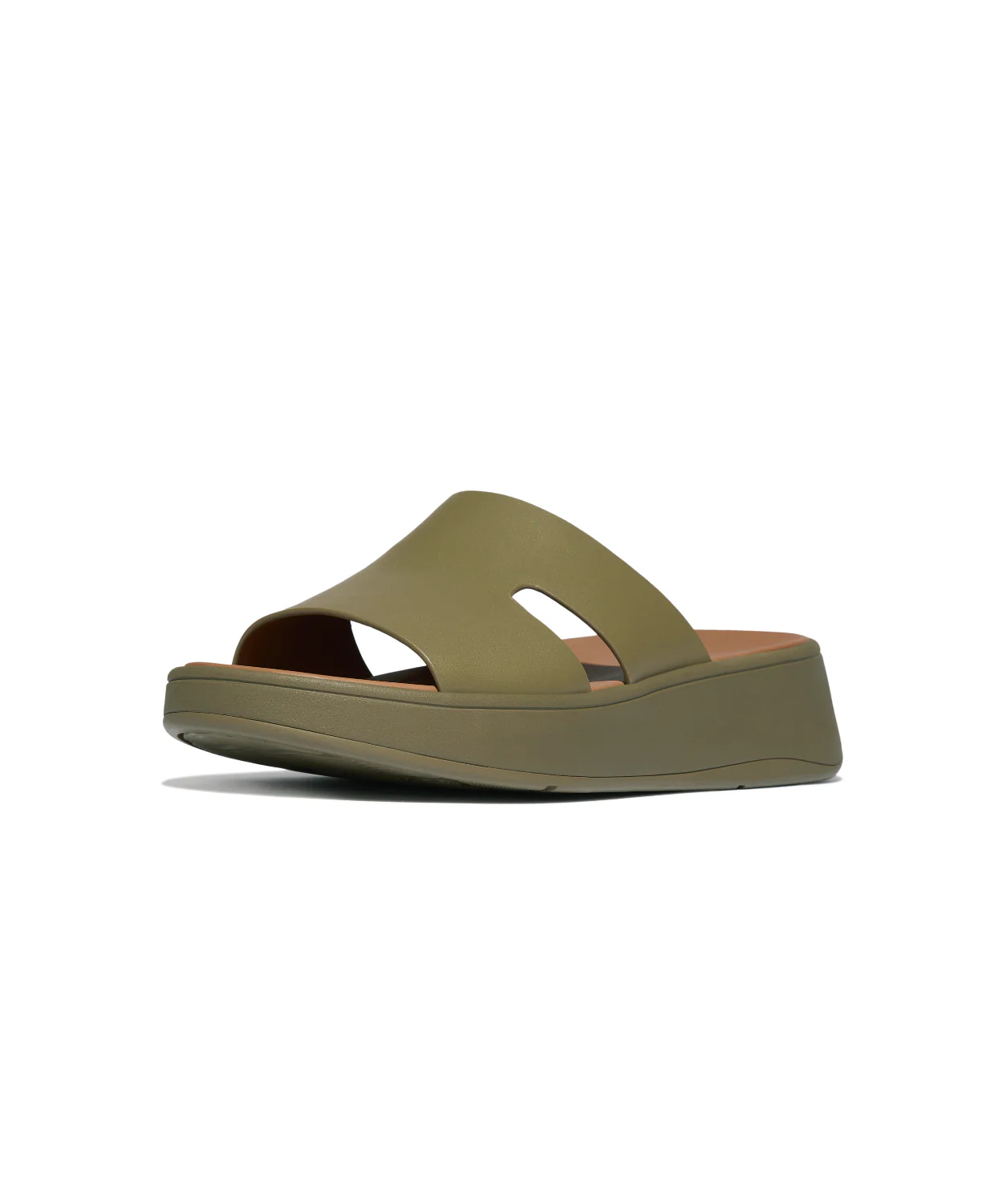 FitFlop F-Mode Raw Edge Leather Flatform H-Bar Slides Camo Green - Image 3
