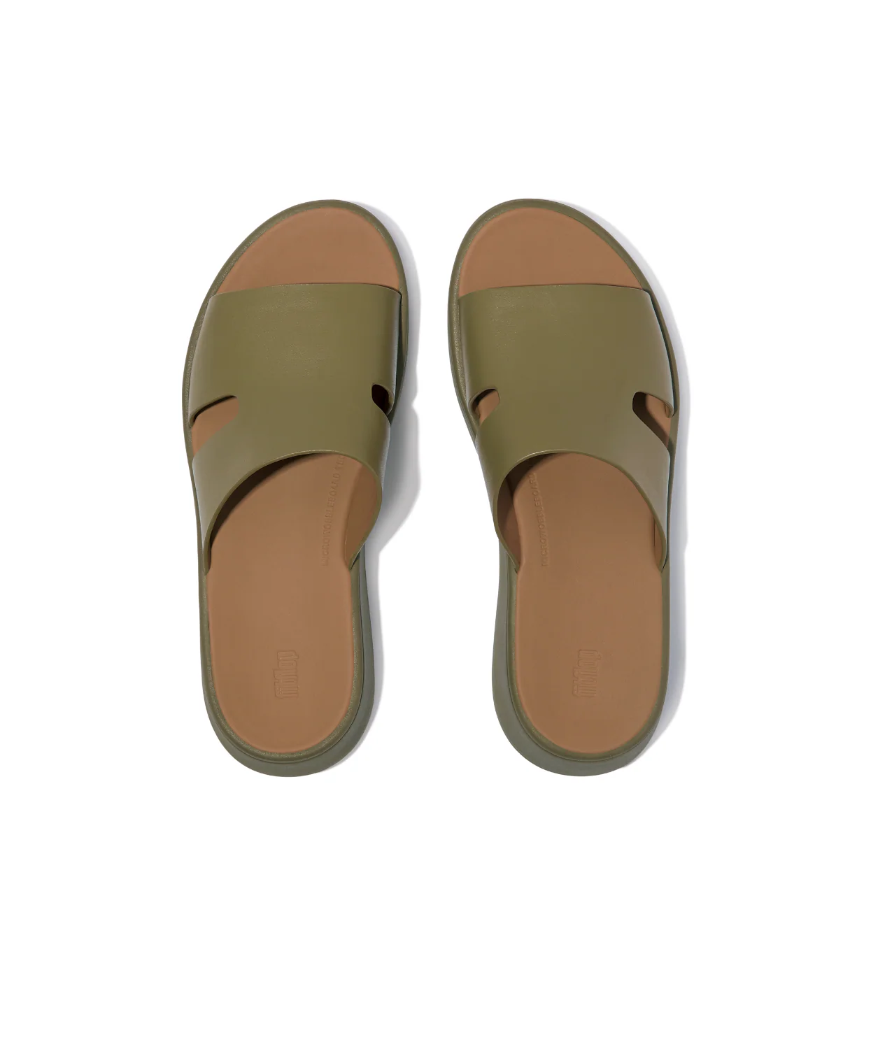 FitFlop F-Mode Raw Edge Leather Flatform H-Bar Slides Camo Green - Image 4