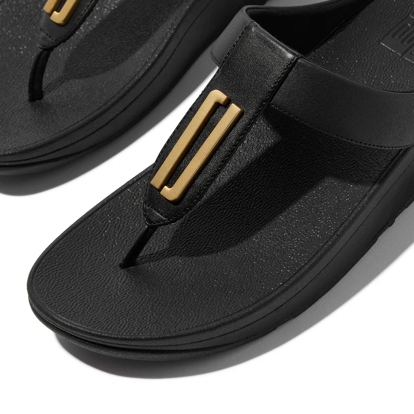 FitFlop Fino Gold Trim Leather Toe Post Sandals All Black - Image 3