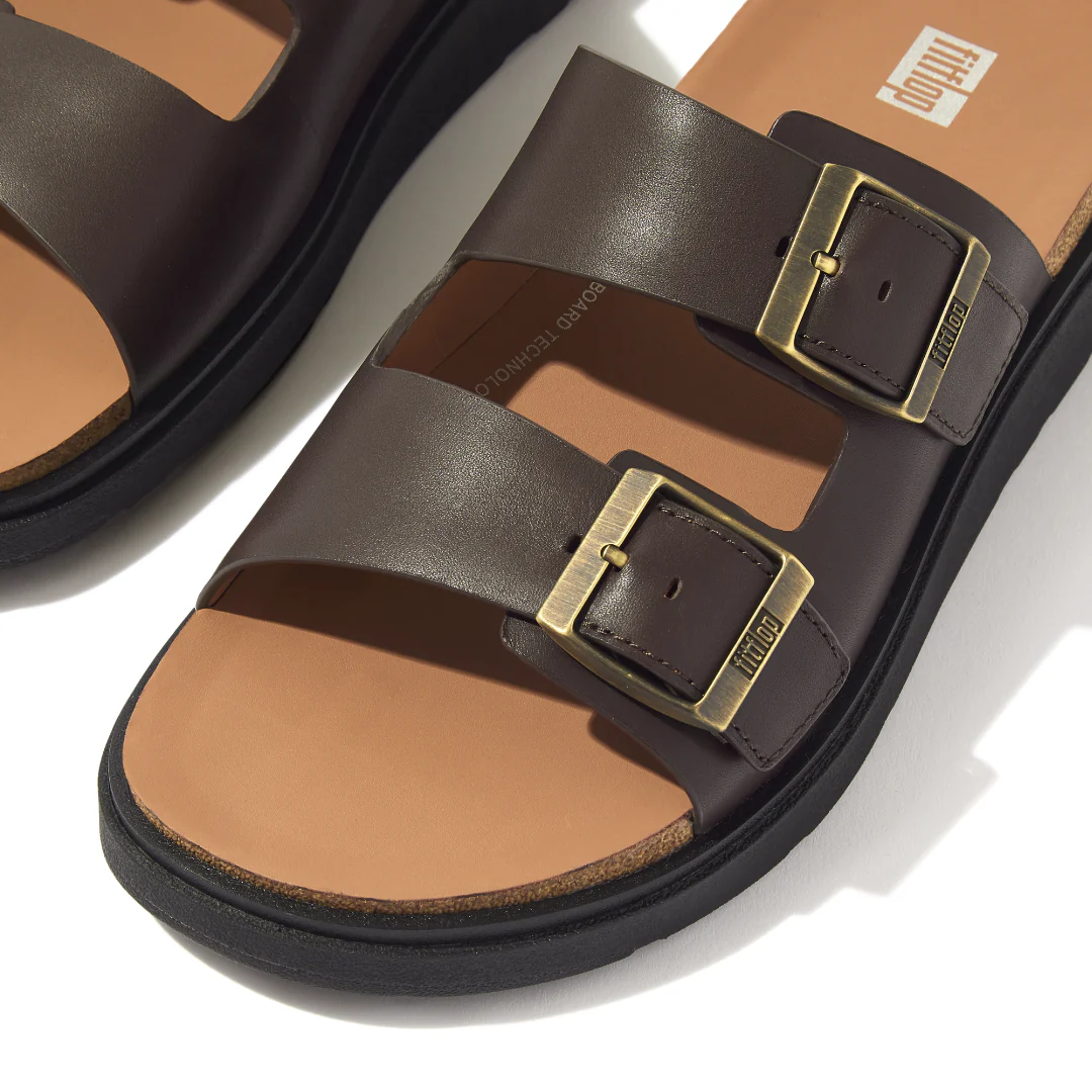 Fitflop Gen FF Buckle Two Bar Leather Slides Mens Chocolate Brown - Image 3
