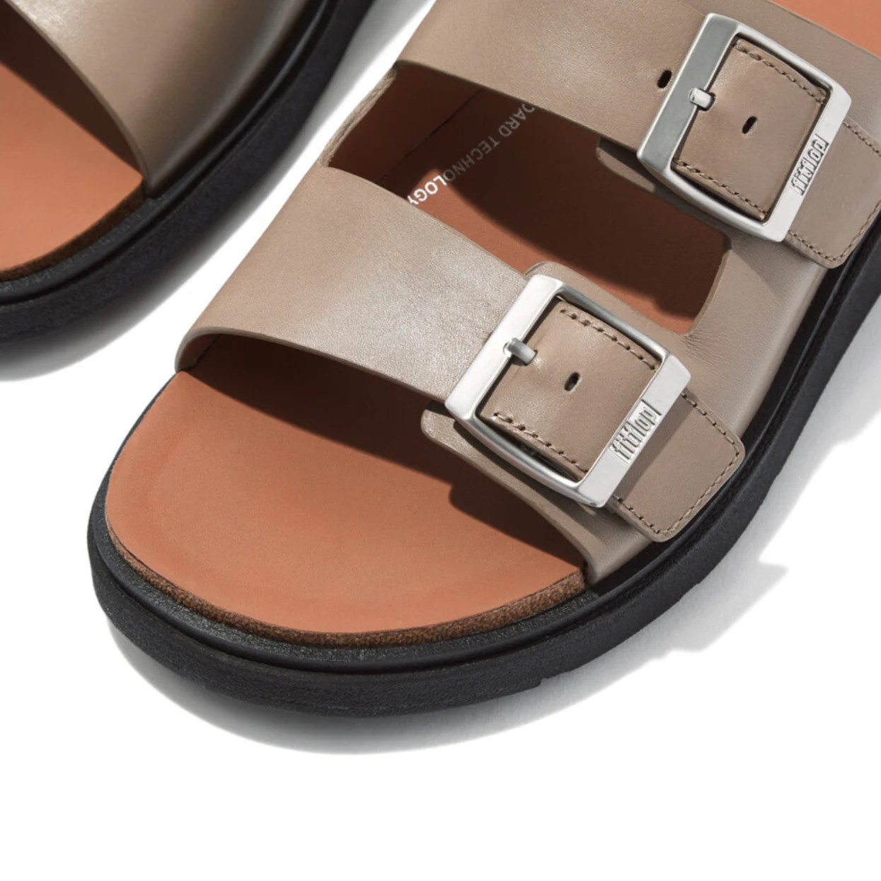 Fitflop Gen-FF Buckle Two Bar Leather Slides Mens Timberwolf - Image 3