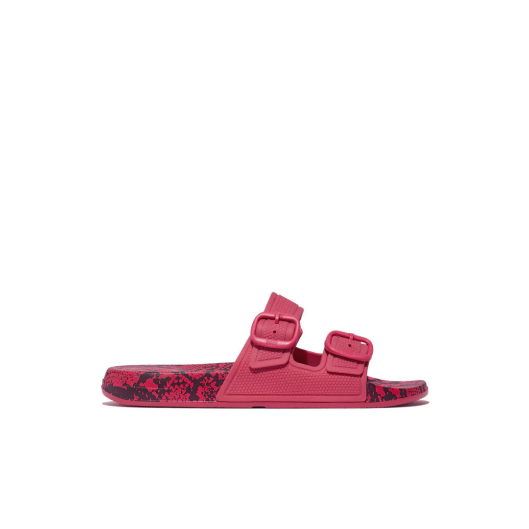 Fitflop iQushion Snake Print Two Bar Buckle Slides Wild Raspberry