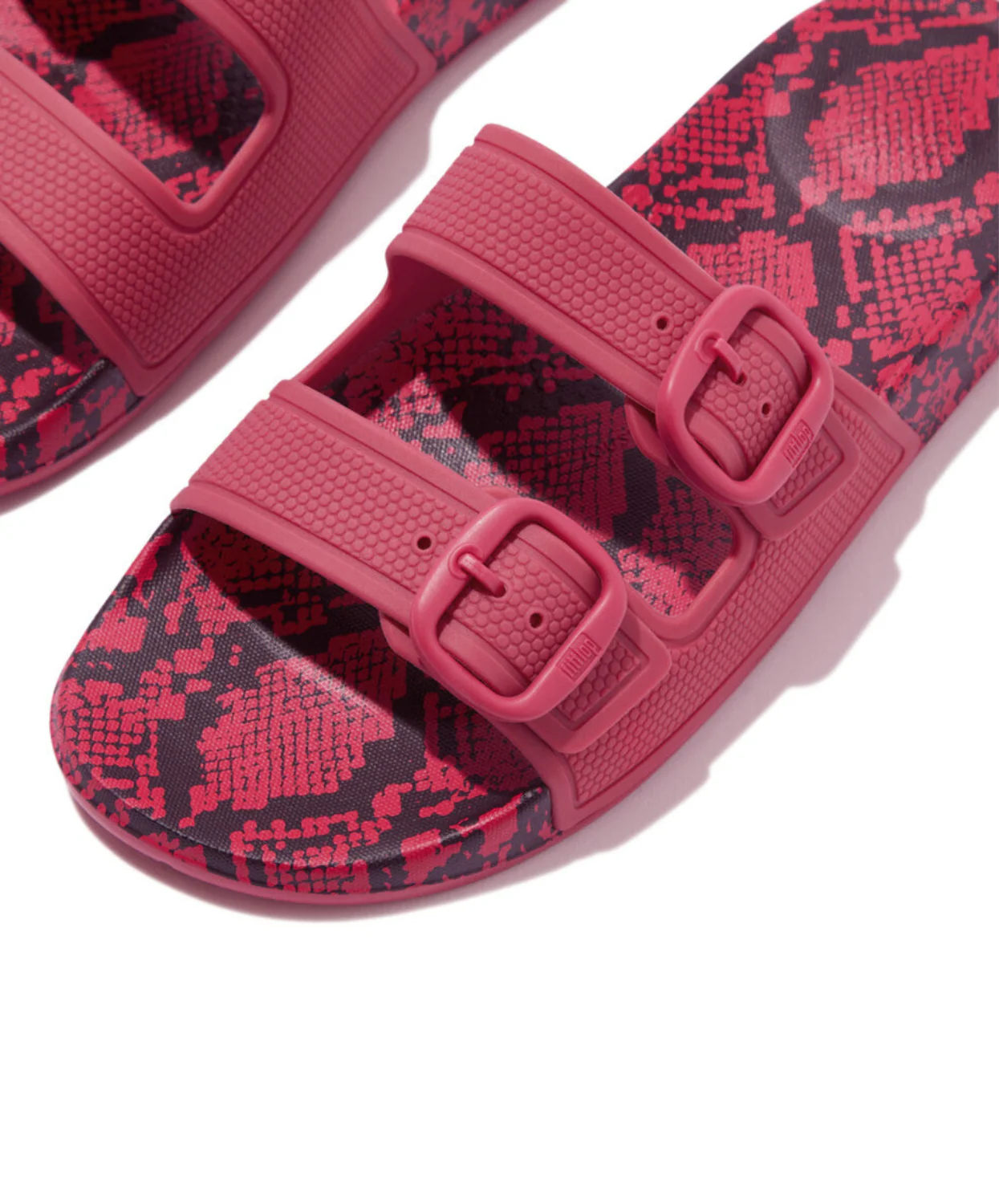 Fitflop iQushion Snake Print Two Bar Buckle Slides Wild Raspberry - Image 2