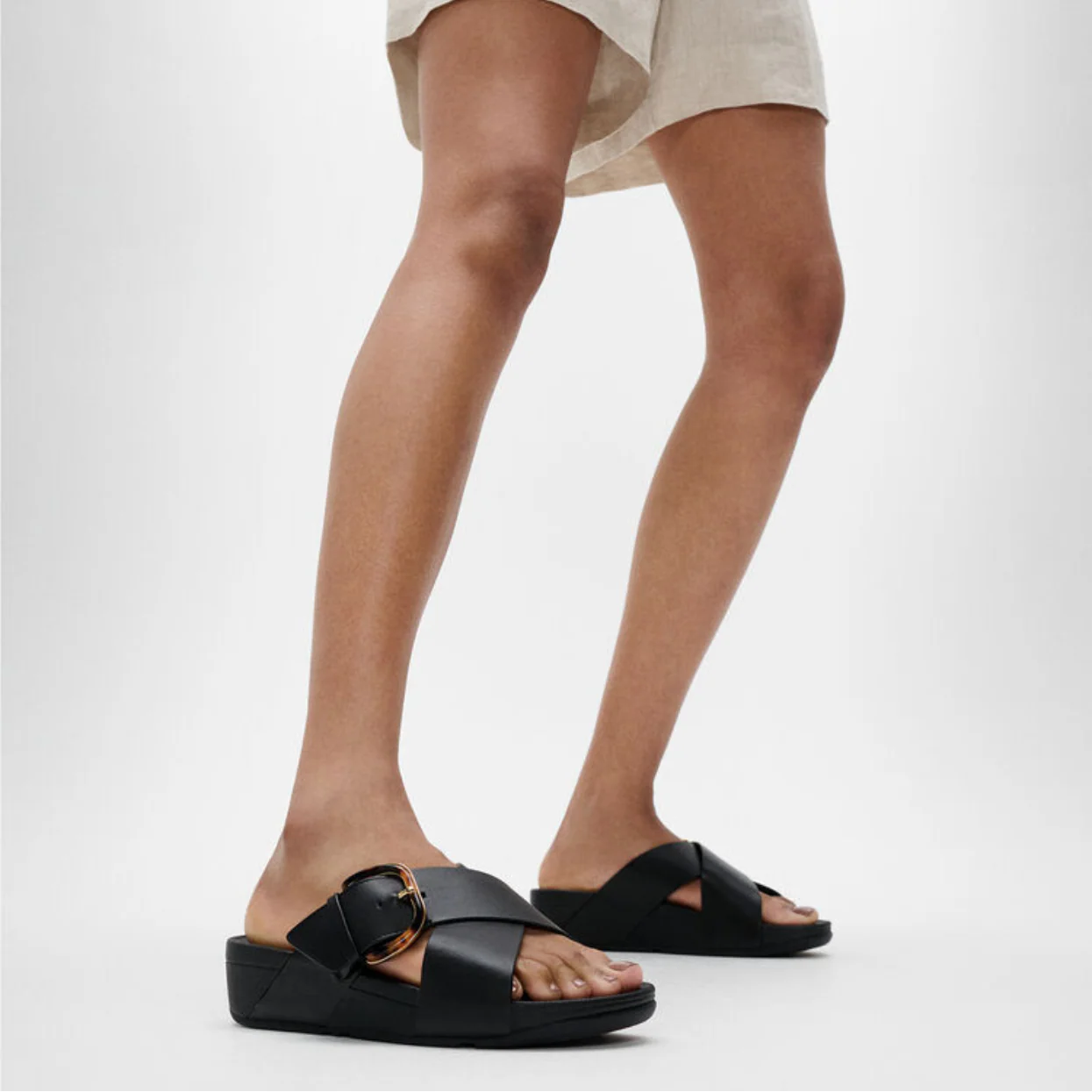 FitFlop Lulu Resin Buckle Leather Cross Slide Black - Image 2