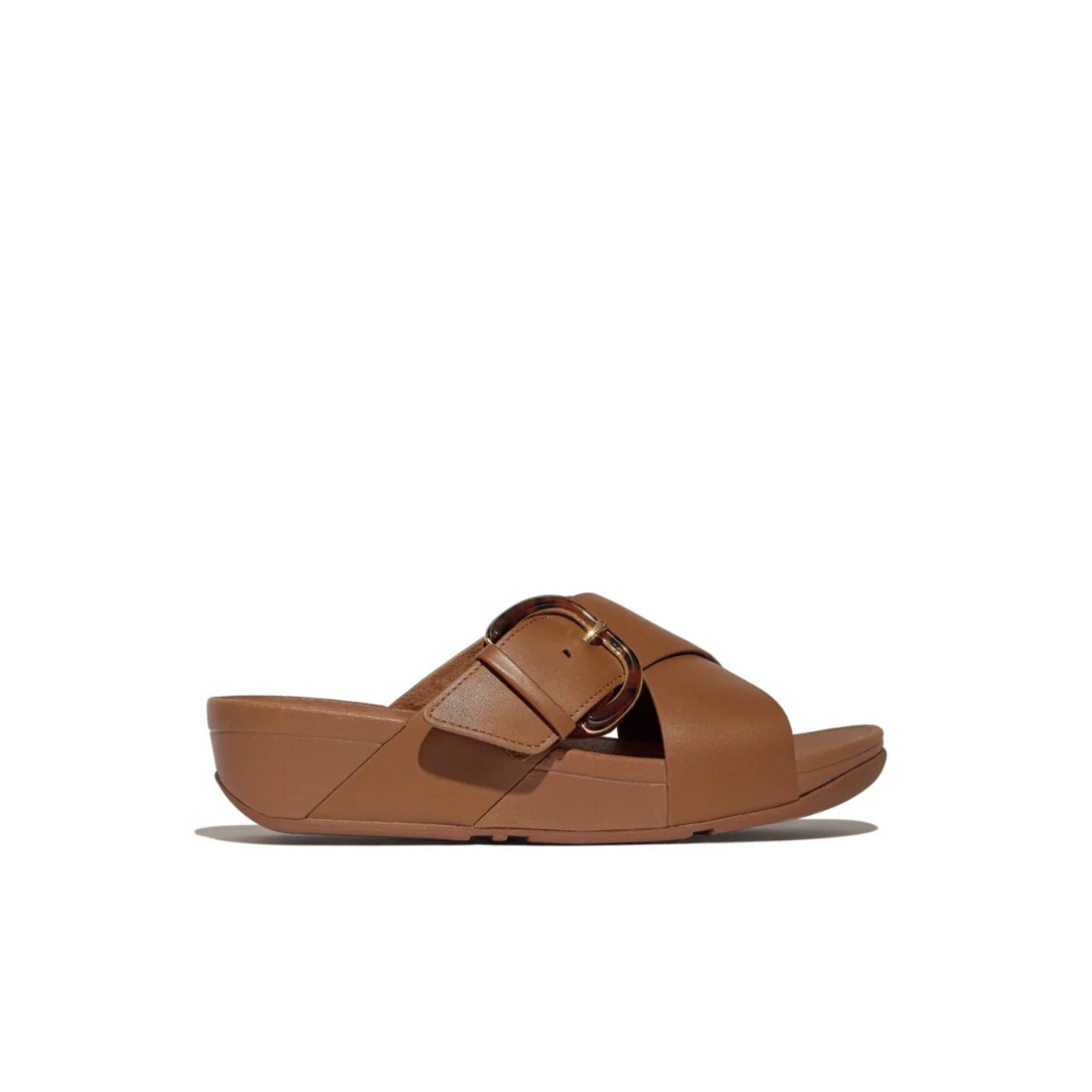 FitFlop Lulu Resin Buckle Leather Cross Slide Deep Tan