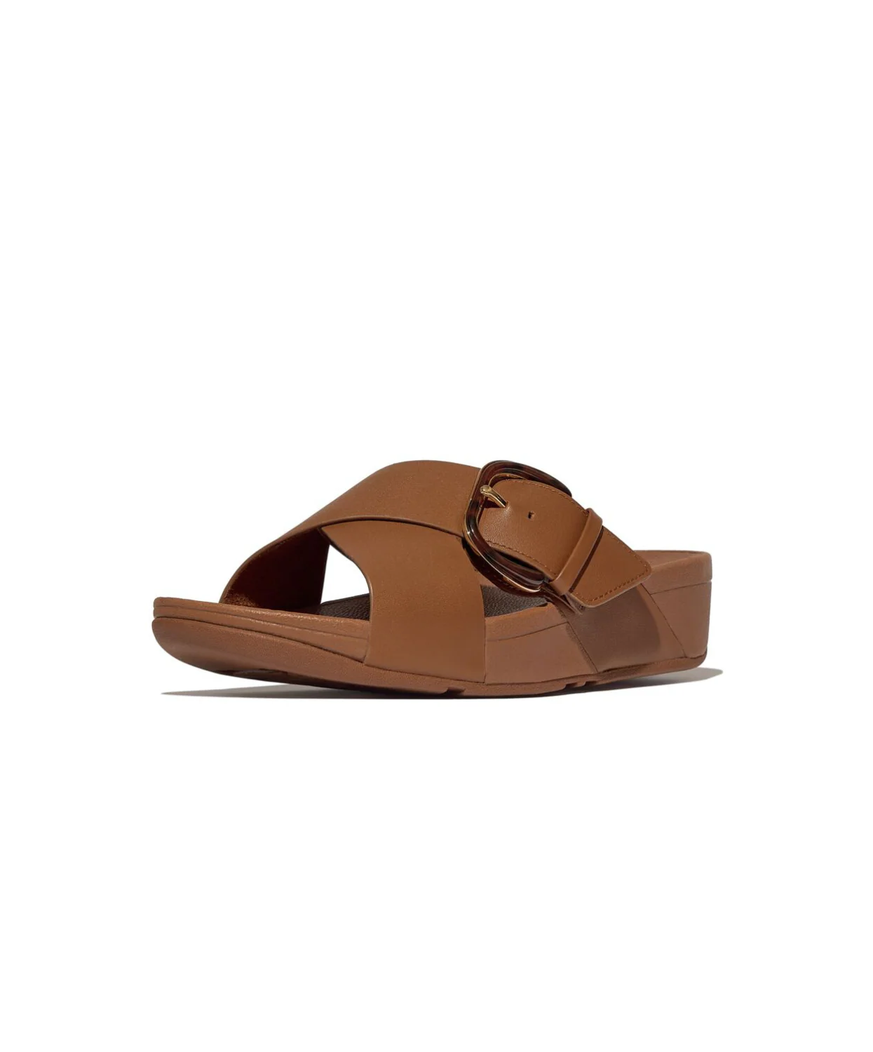 FitFlop Lulu Resin Buckle Leather Cross Slide Deep Tan - Image 3