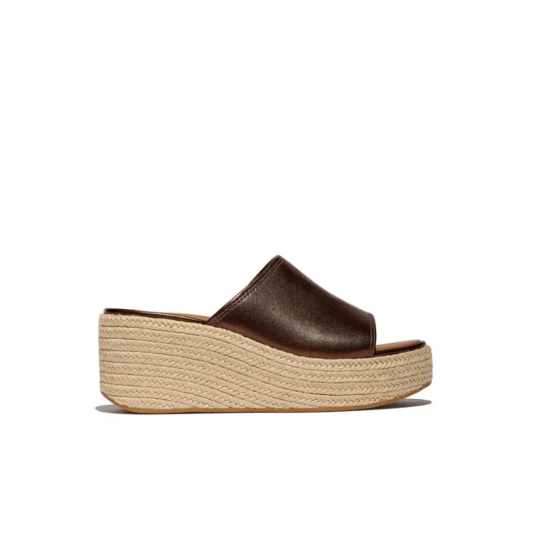 FitFlop Platform Espadrille Leather Wedge Slides Metallic Chocolate Brown