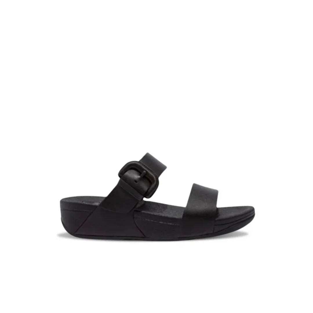 FitFlop Lulu Covered Buckle Raw Edge Leather Slides Black