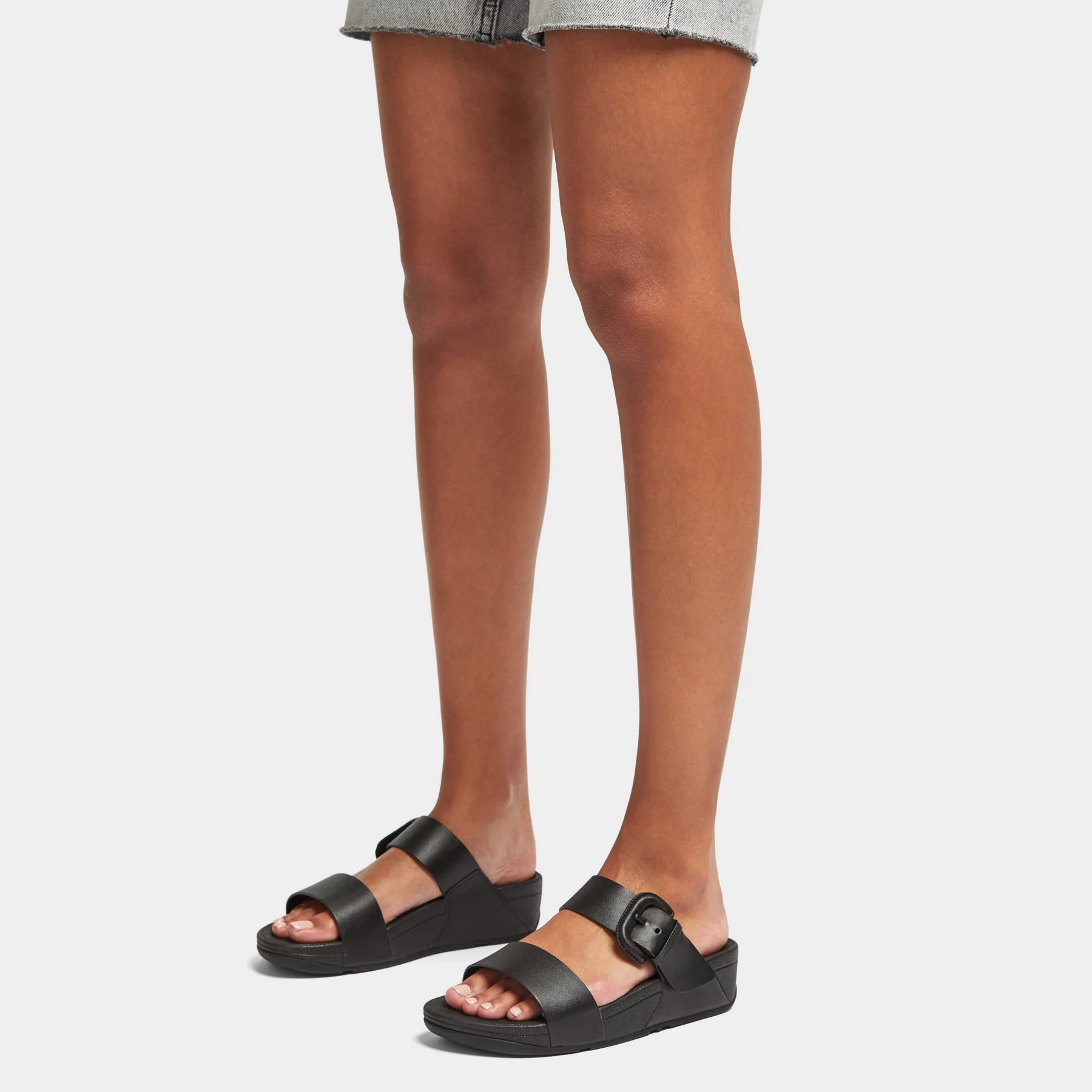 FitFlop Lulu Covered Buckle Raw Edge Leather Slides Black - Image 2