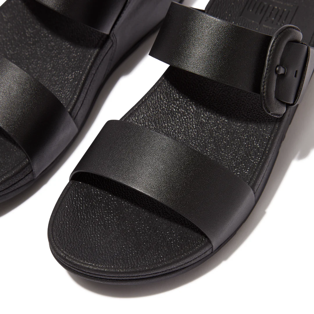 FitFlop Lulu Covered Buckle Raw Edge Leather Slides Black - Image 3
