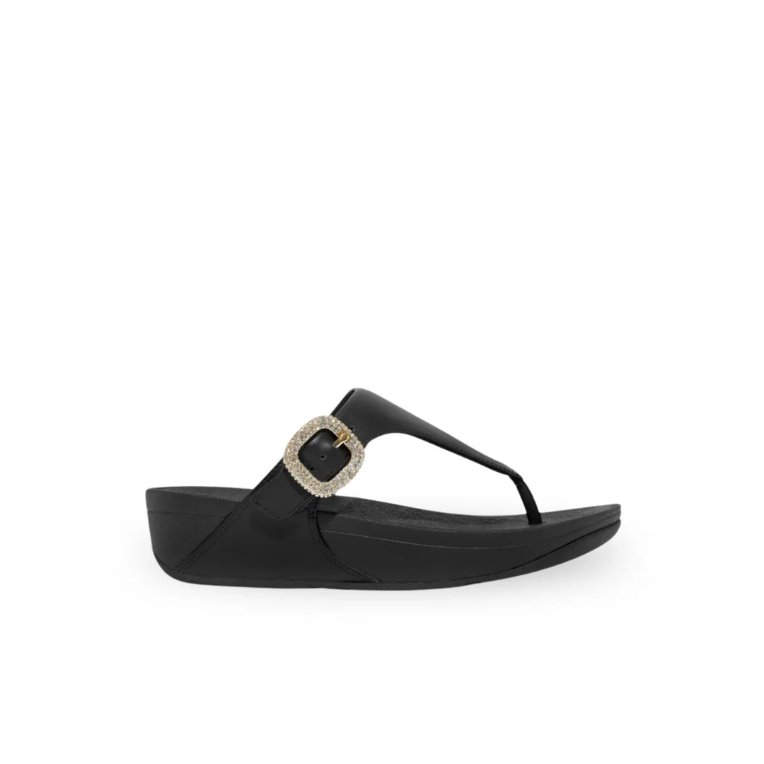 FitFlop Lulu Crystal Buckle Leather Toe Post Sandals Black